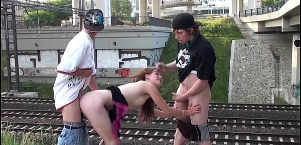  Cute teen Alexis Crystal AKA Anouk PUBLIC gangbang by a railways